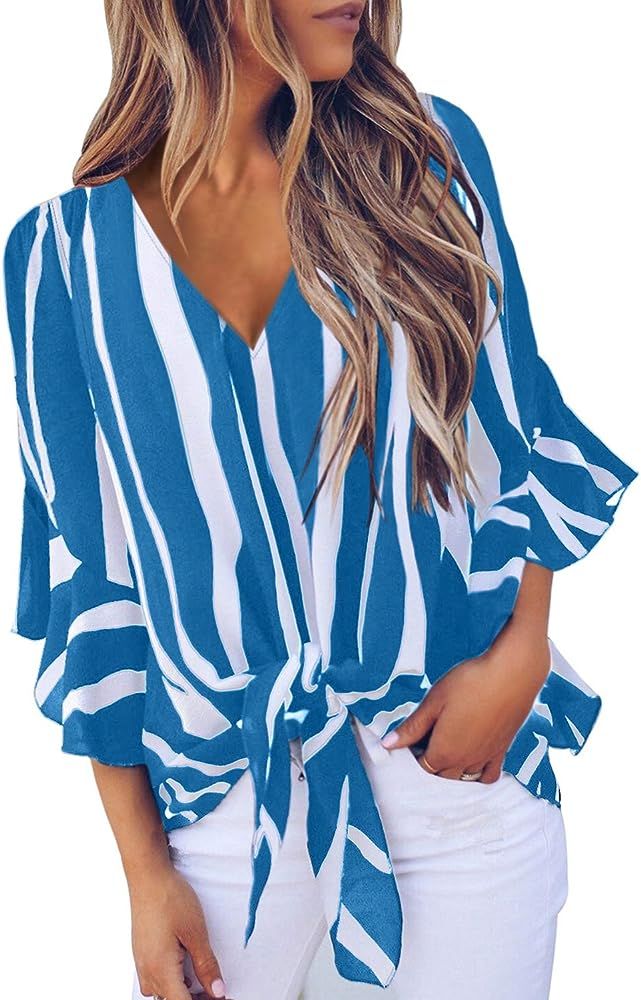 Womens Striped Off The Shoulder Tops 3 4 Flare Sleeve Tie Knot Blouses and Tops | Amazon (US)