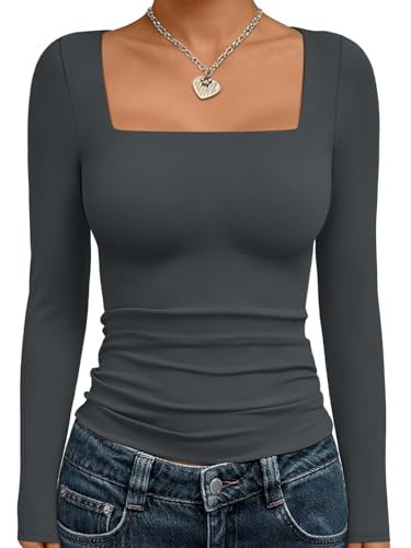 Trendy Queen Womens Cropped Long Sleeve Top - Square Neck Y2K Going Out & Workout Shirts, Soft Stretchy Fit Gray XS | Amazon (US)
