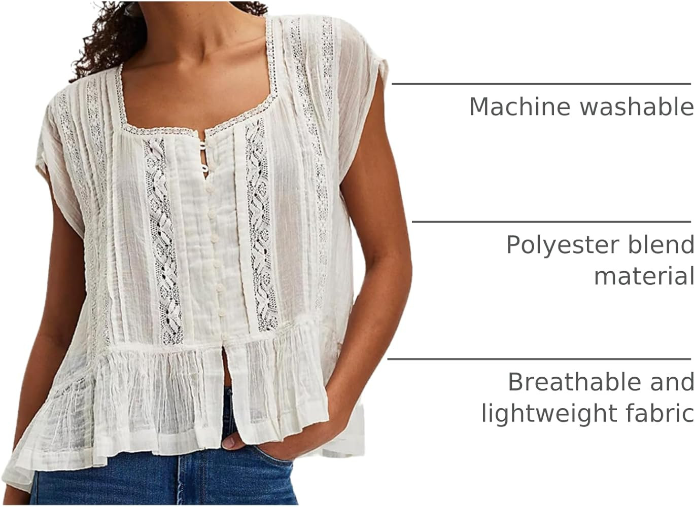Women Y2k Semi Sheer Blouse Shirt Lace Trim Button Down Short Sleeve Round Neck Casual Going Out ... | Amazon (US)