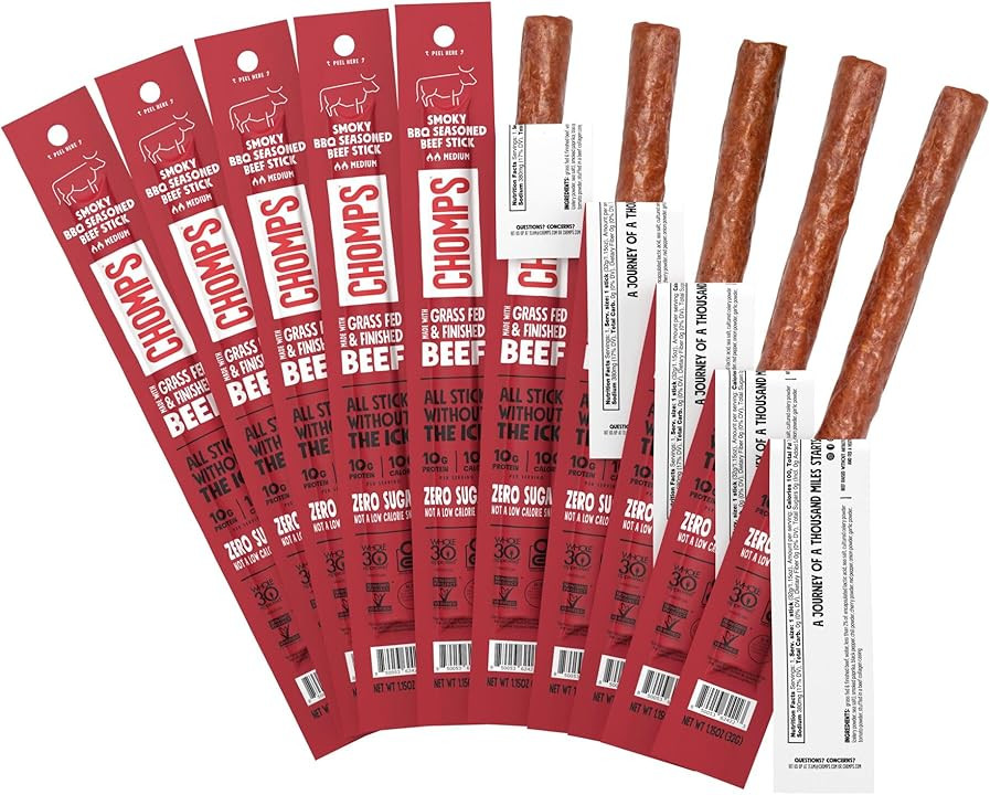 Chomps Grass-Fed and Finished Smoky BBQ Beef Jerky Snack Sticks 10-Pack - Keto, Paleo, Whole30, 1... | Amazon (US)