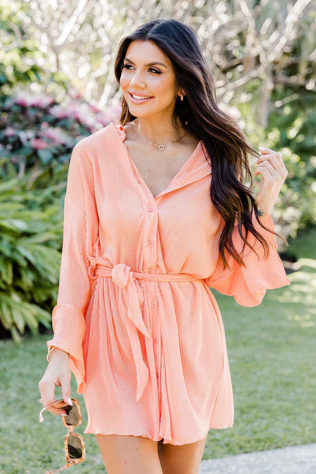Something In The Orange Long Sleeve Orange Plisse Shirt Dress | Pink Lily