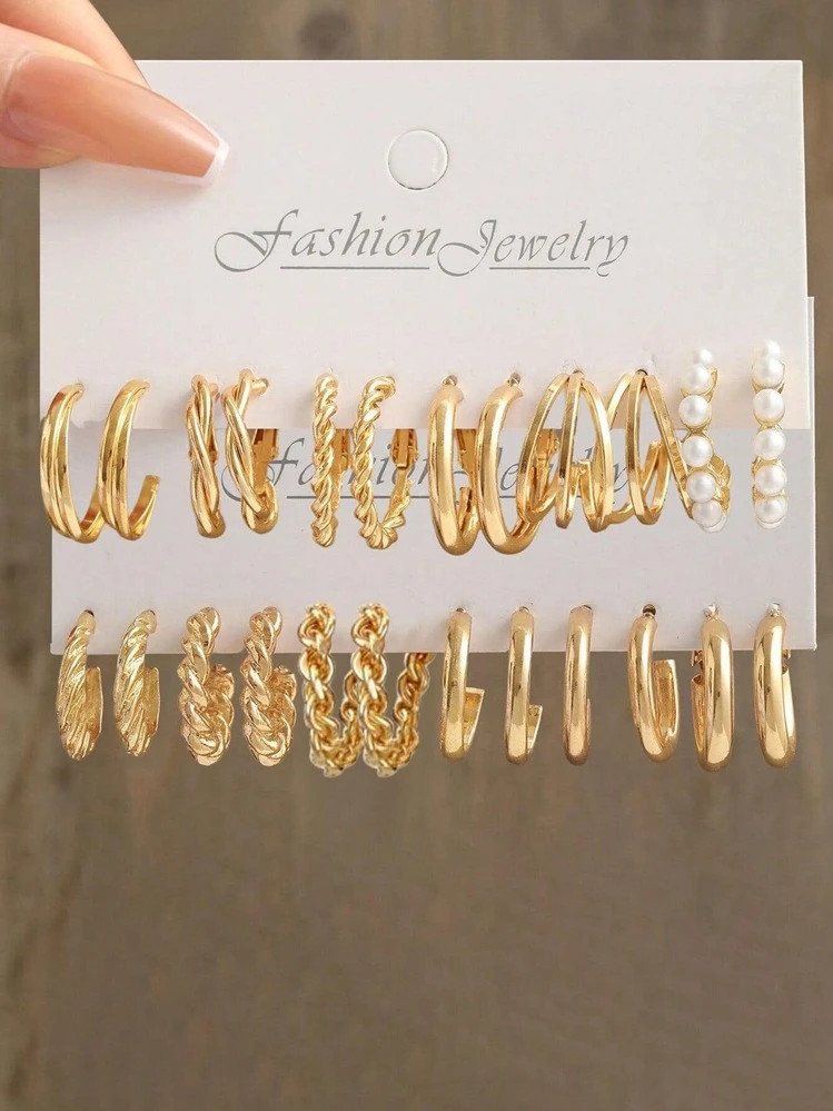 12pairs/Set Fashionable Zinc Alloy Faux Pearl Decor Cuff Hoop Earrings  | SHEIN