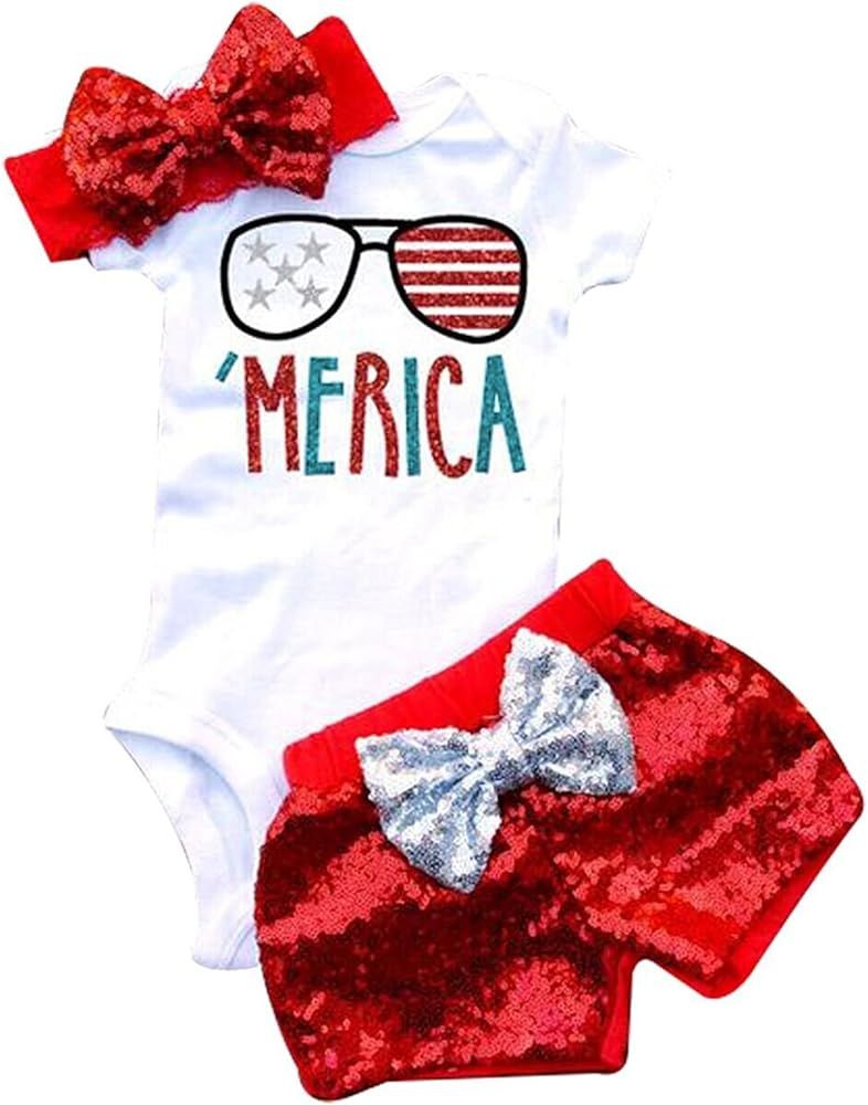 UNIQUEONE 3Pcs Baby Girls Merica Flag Stars Print Romper Bodysuit+Sequins Shorts+Headbands Sets | Amazon (US)