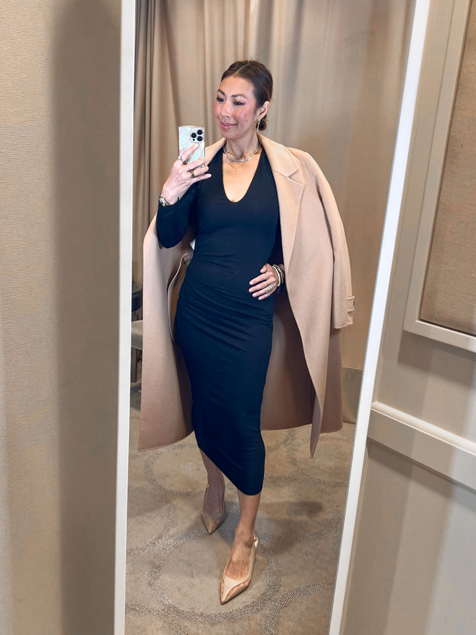 Great neutrals colored basics - Good American dress (size 1), Reiss coat (size 2) & heels (size 8.5) #styleofsam #nsale 

#LTKtravel #LTKxNSale #LTKworkwear