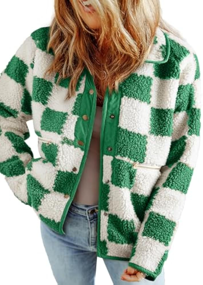 SHEWIN Jackets For Women Causal Sherpa Fall Jacket Loose Button Down Plaid Winter Coats | Amazon (US)