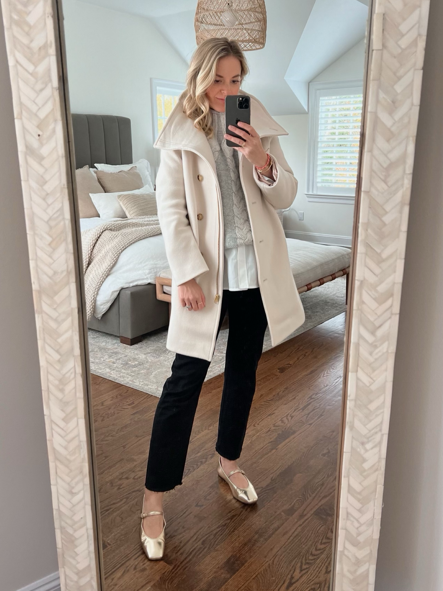 Day time Holiday outfit 
•wool coat size 0
•cable-knit sweater size medium 
•button-down size XS
•maternity jeans, size 26 but wish I did 25
•ballet flats fit tts 

thanksgiving outfit, fall outfit, bump friendly, pregnancy 

#LTKbump #LTKSeasonal #LTKHoliday