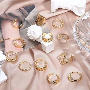 FIBO STEEL 12PCS Gold Chunky Rings for Women, 18K Gold Plated Thick Rings, Stacking Open Rings Se... | Amazon (US)