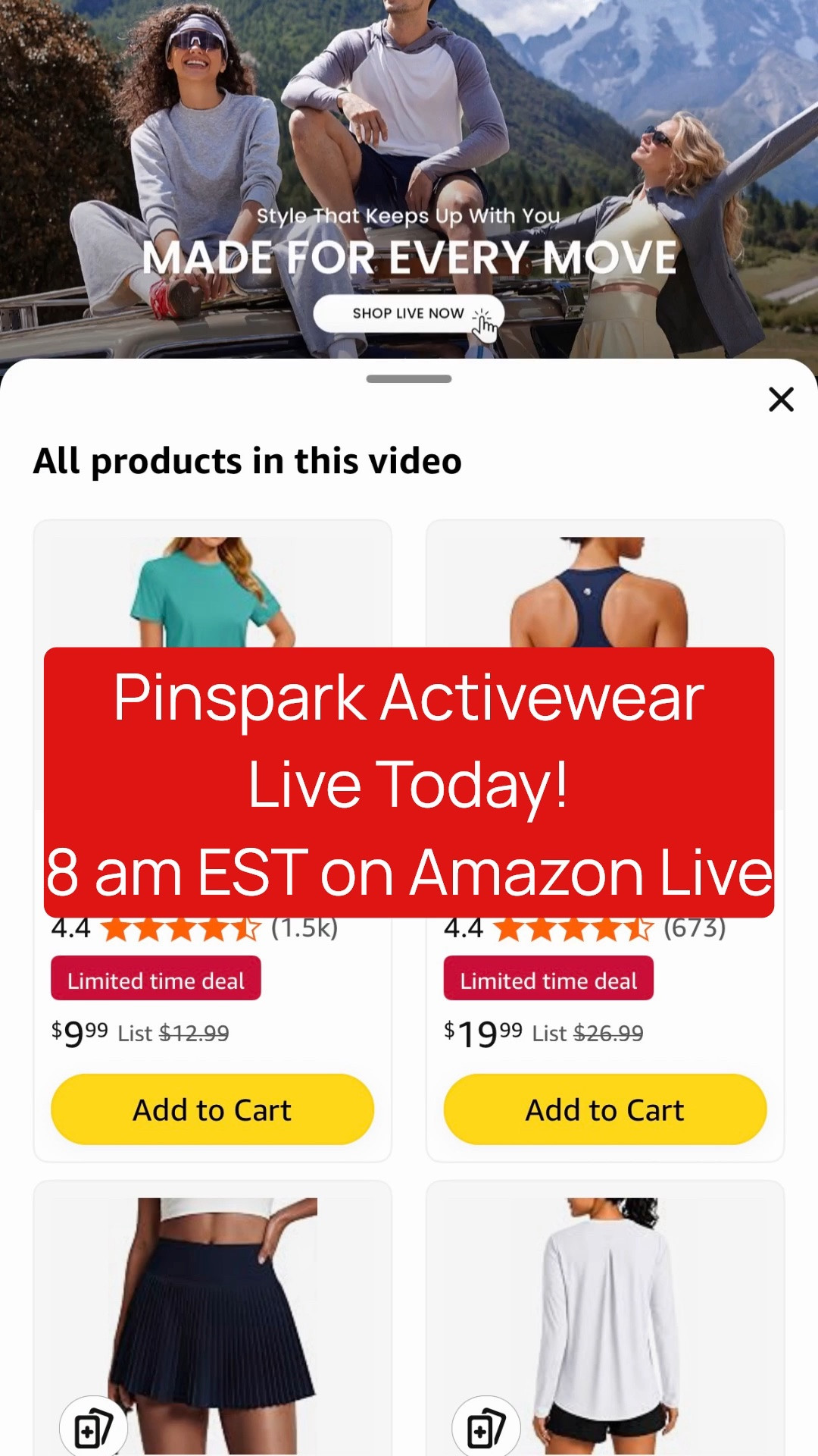 Pinspark Activewear Live Today!
8 am EST on Amazon Live
Join: https://www.amazon.com/live/broadcast/f7be365b-e92c-4c88-baa8-d4d516bb8550?placementId=shopping-videos-home&ref=cm_sw_al_ms_RGa7xlM9D3DFb

#LTKActive #LTKfitnessgoals #LTKvlog