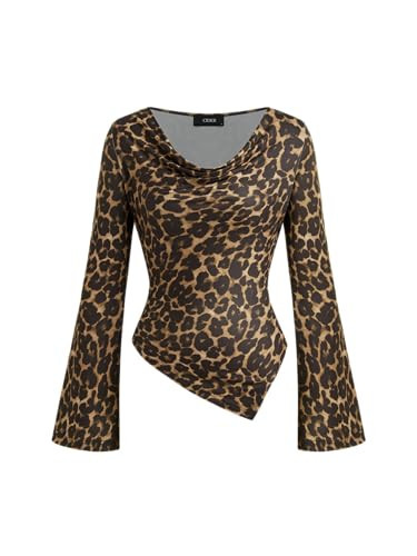 CIDER Leopard Print Tops for Women Cheetah Long Sleeve Cowl Neck Asymmetrical Hem Y2K Slim Fit Going Out Tops Trendy | Amazon (US)