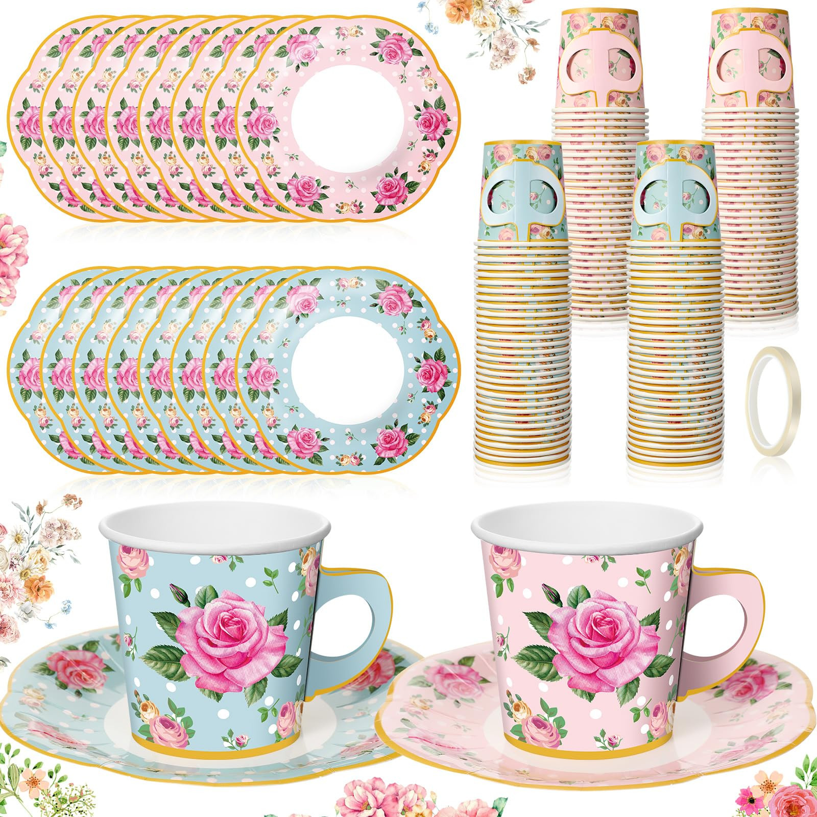 Umigy 36 Sets Tea Party Decorations 6.5 oz Floral Paper Tea Cups with Handle and Plates Disposabl... | Amazon (US)