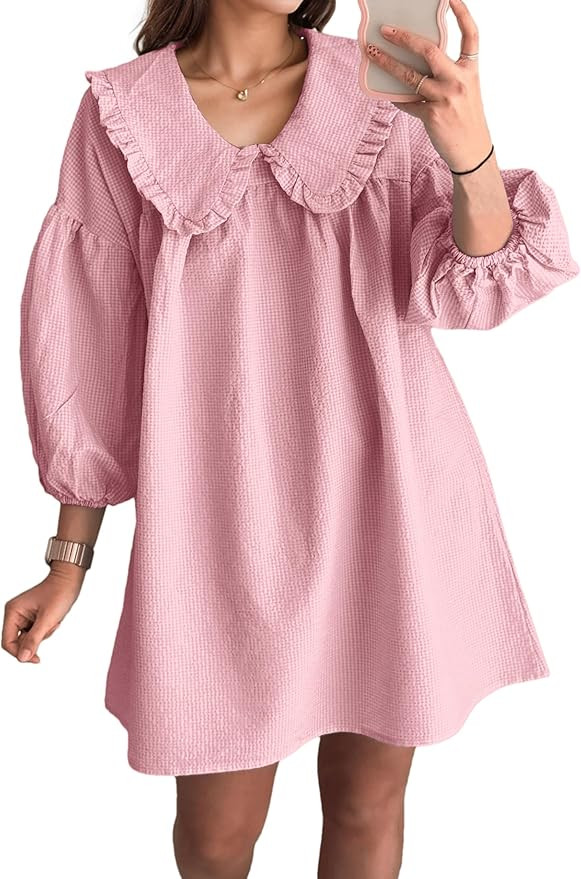 Women Y2K Gingham Print Babydoll Mini Dress Lapel Doll Collar Puff Long Sleeve Plaid Mini Dress R... | Amazon (US)