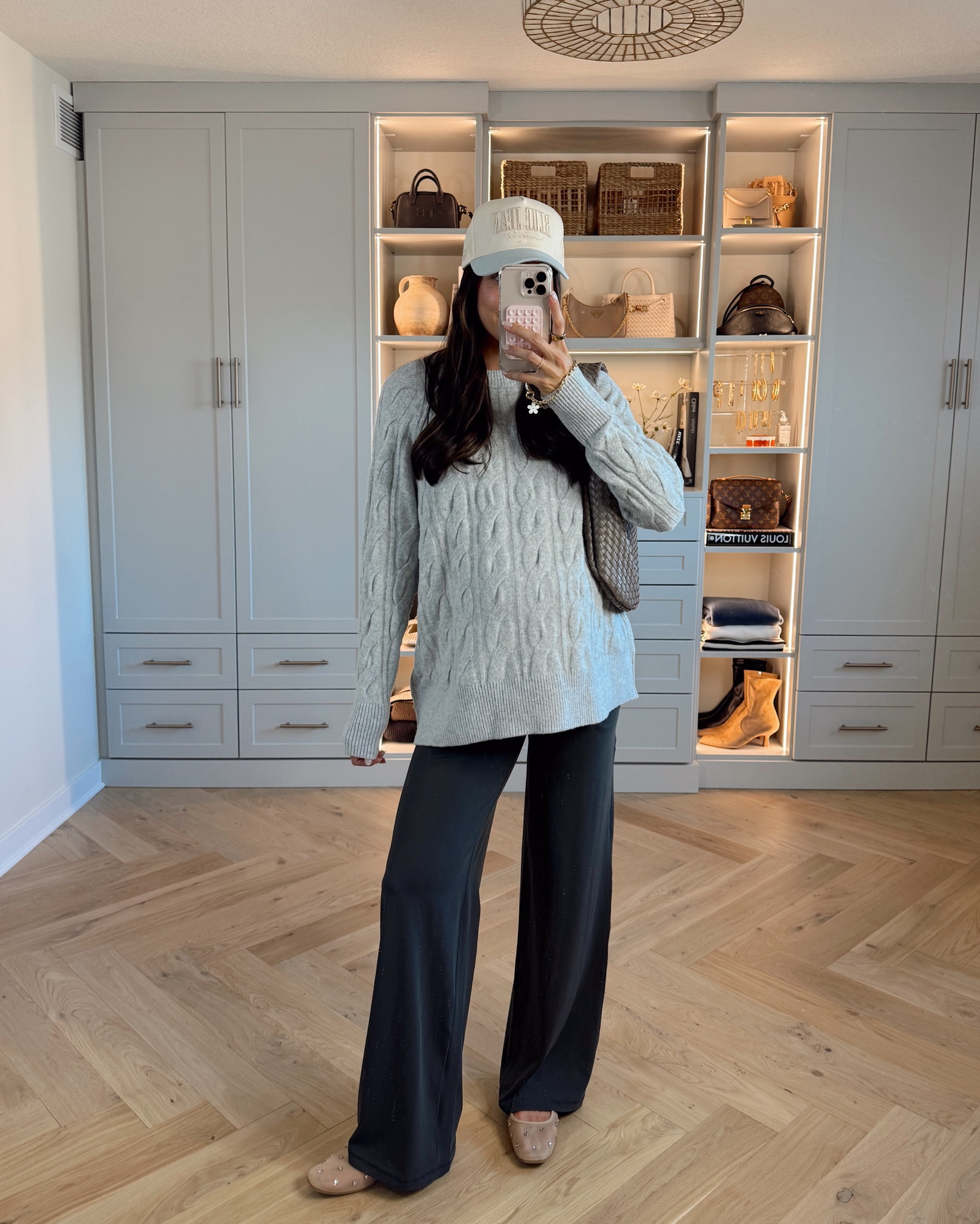 Comfy affordable fall outfit on sale 🩶 

Cable knit tunic sweater: true to size (S) 
Wide leg trouser leggings: true to size (S long) 5’7” 
Mesh rhinestone flats: true to size 

Aerie / pregnancy outfit / bump style / cozy fall outfit ideas 

#LTKFallSale #LTKSaleAlert #LTKBump