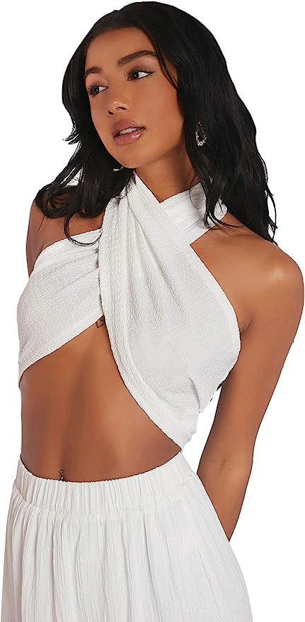 Verdusa Women's Sexy Sleeveless Halter Criss Cross Self Tie Backless Crop Top | Amazon (US)