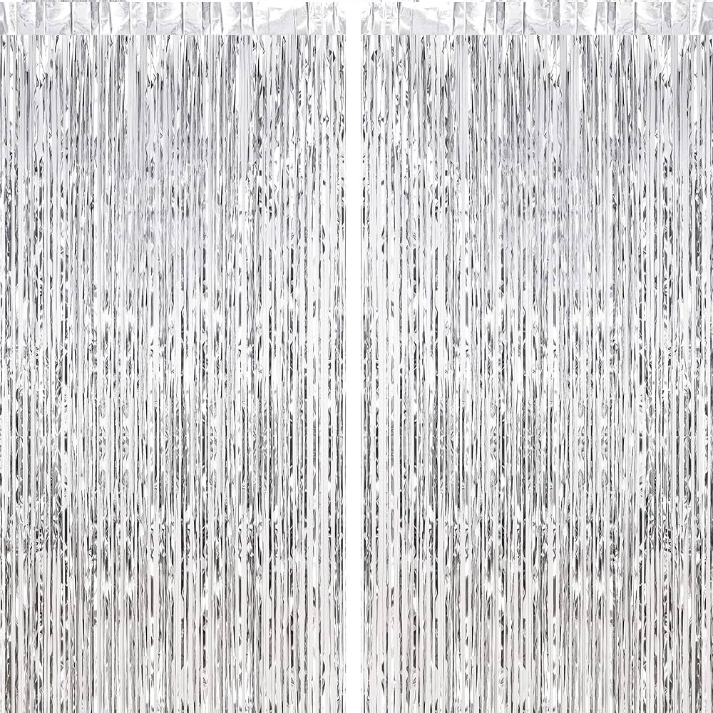 CHRORINE 2pcs 3ft x 8.3ft Silver Tinsel Foil Fringe Curtains Streamers Backdrop for Birthday Grad... | Amazon (US)