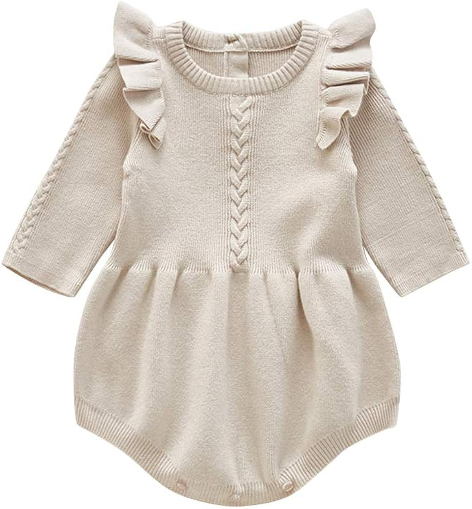 IMEKIS Newborn Baby Girls Sweater Romper Knit Fall Outfit Ruffles Long Sleeve Knitted Bodysuit Wi... | Amazon (US)