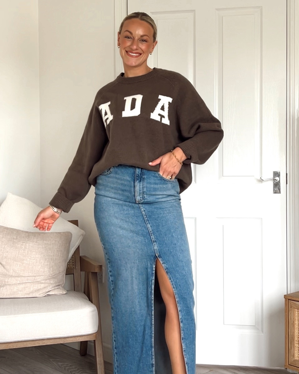 Cute and cosy transitional autumn outfit idea - adanola brown knitted oversized jumper with a denim maxi skirt and brown adidas handball spezial trainers, finishing the look off with my fave brown & black tote bag from coach. 🤎🍂🐻

#LTKuk #LTKeurope #LTKautumn