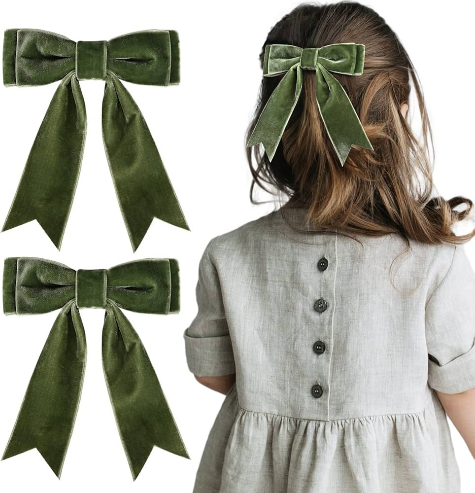 2PCS 5" Velvet Green Hair Bows Girls Hair Clips Ponytail Holder Accessories for Girls Toddlers | Amazon (US)