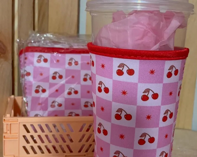 Cherries and Checkers Iced Coffee Sleeve: Drink Sleeve Cozie. - Etsy | Etsy (US)