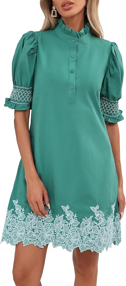 Women's Summer Embroidered Mini Dress Short Puff Sleeve Ruffle Collar Button Front Shift Dress | Amazon (US)