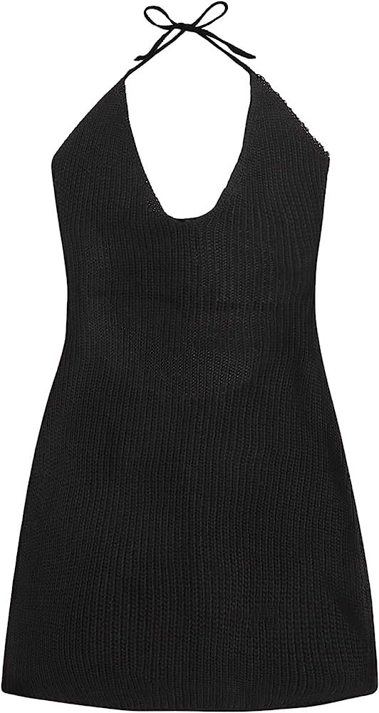 MakeMeChic Women's Sleeveless Halter Tie Back Knitted Swim Black Beach Cover Up Dress | Amazon (US)