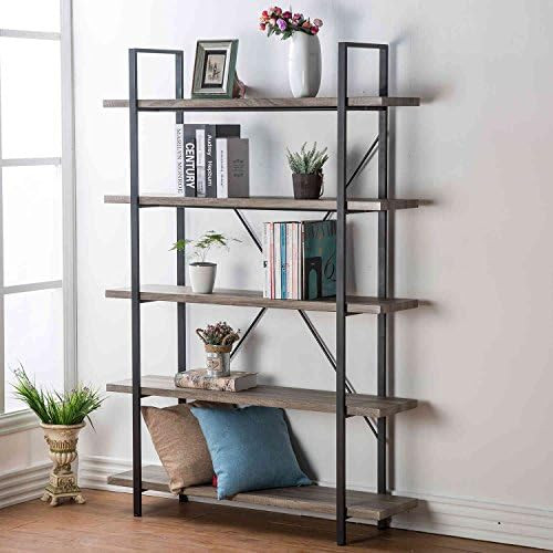 HSH 5-Shelf Vintage Industrial Rustic Bookshelf, Wood and Metal Bookcase, Open Etagere Book Shelf, L | Amazon (US)