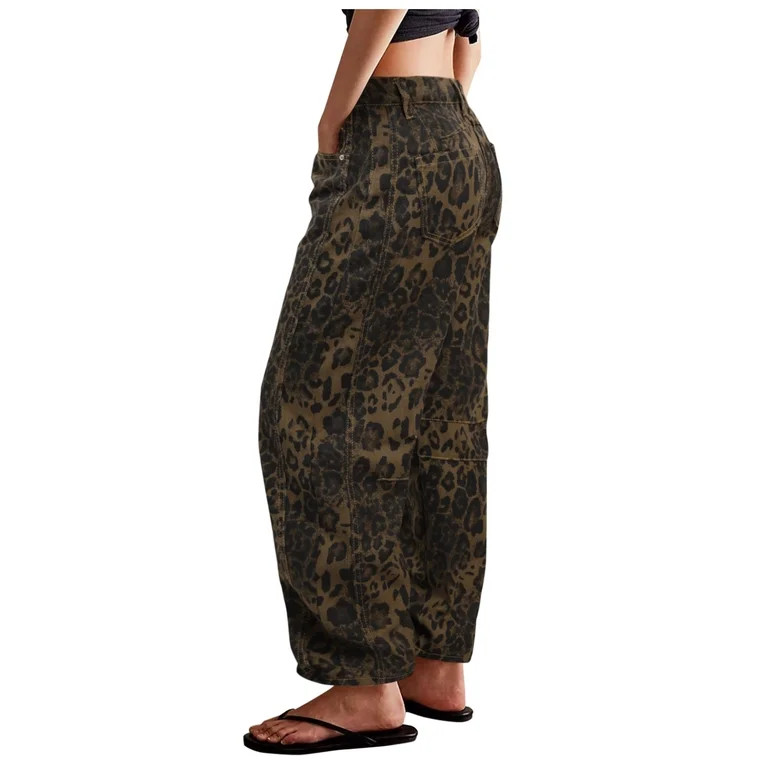 Trendfront Womens Leopard Print Barrel Leg Jeans Low Rise Button Zip Fly Belt Loops Front And Bac... | Walmart (US)