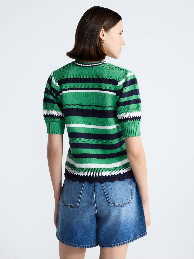 Free Assembly Women's Textured Stripe Cardigan Sweater with Short Puff Sleeves, Lightweight, Size... | Walmart (US)