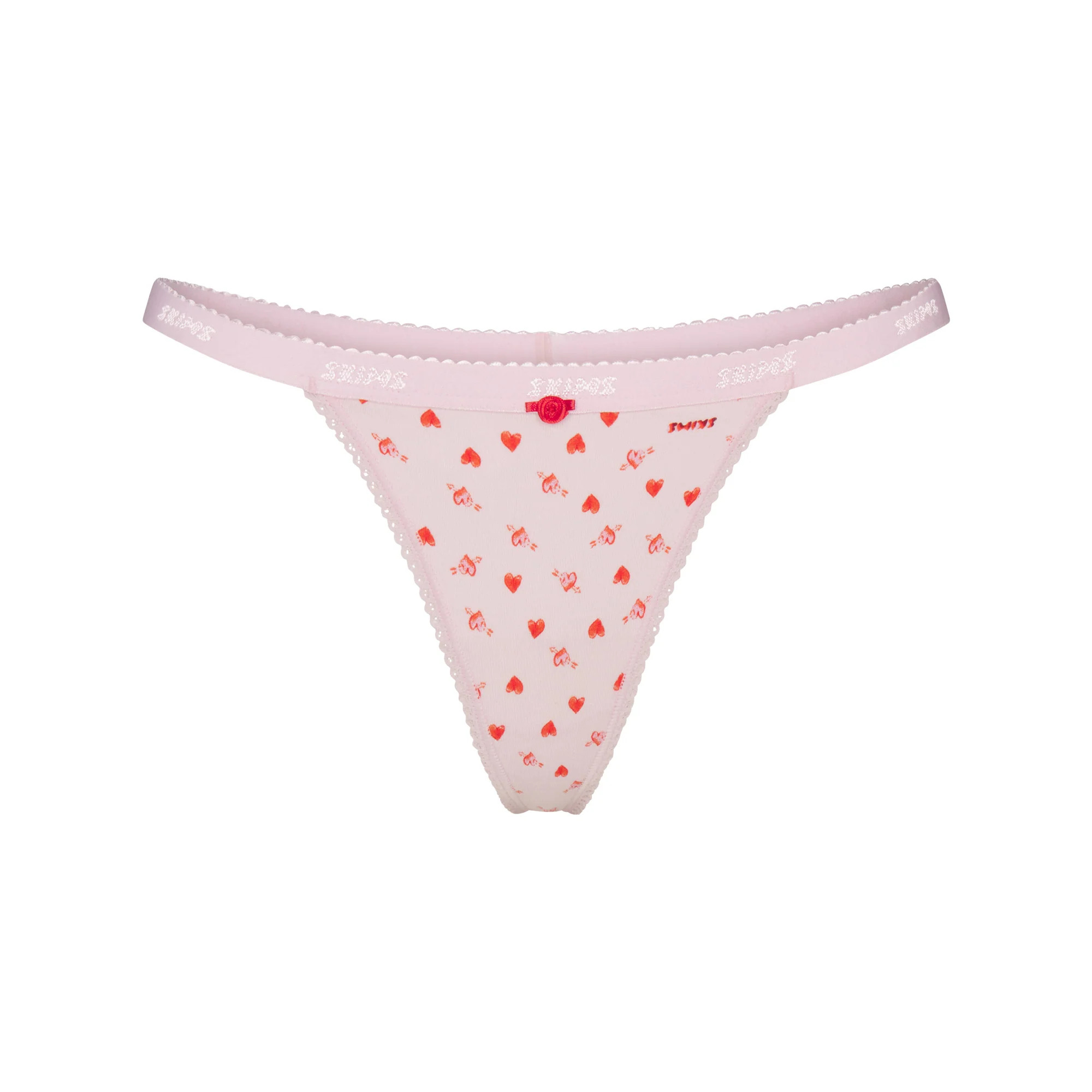 LIGHTWEIGHT COTTON LOGO PICOT THONG | BABY PINK ARROWED HEARTS | SKIMS | SKIMS (US)