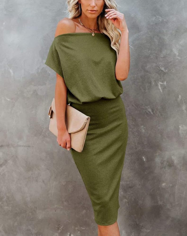 Ezbelle Women's Off The Shoulder Short Sleeve Ribbed Casual Party Bodycon Midi Dress | Amazon (US)