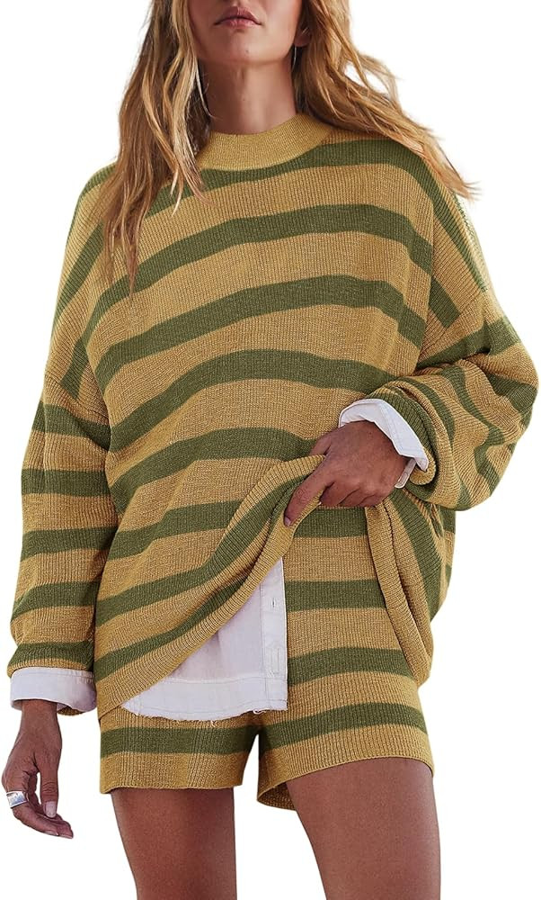 LAMISSCHE Womens Oversized Lounge Sets 2 Piece Outfits Striped Matching Pajama Set Long Sleeve Sw... | Amazon (US)