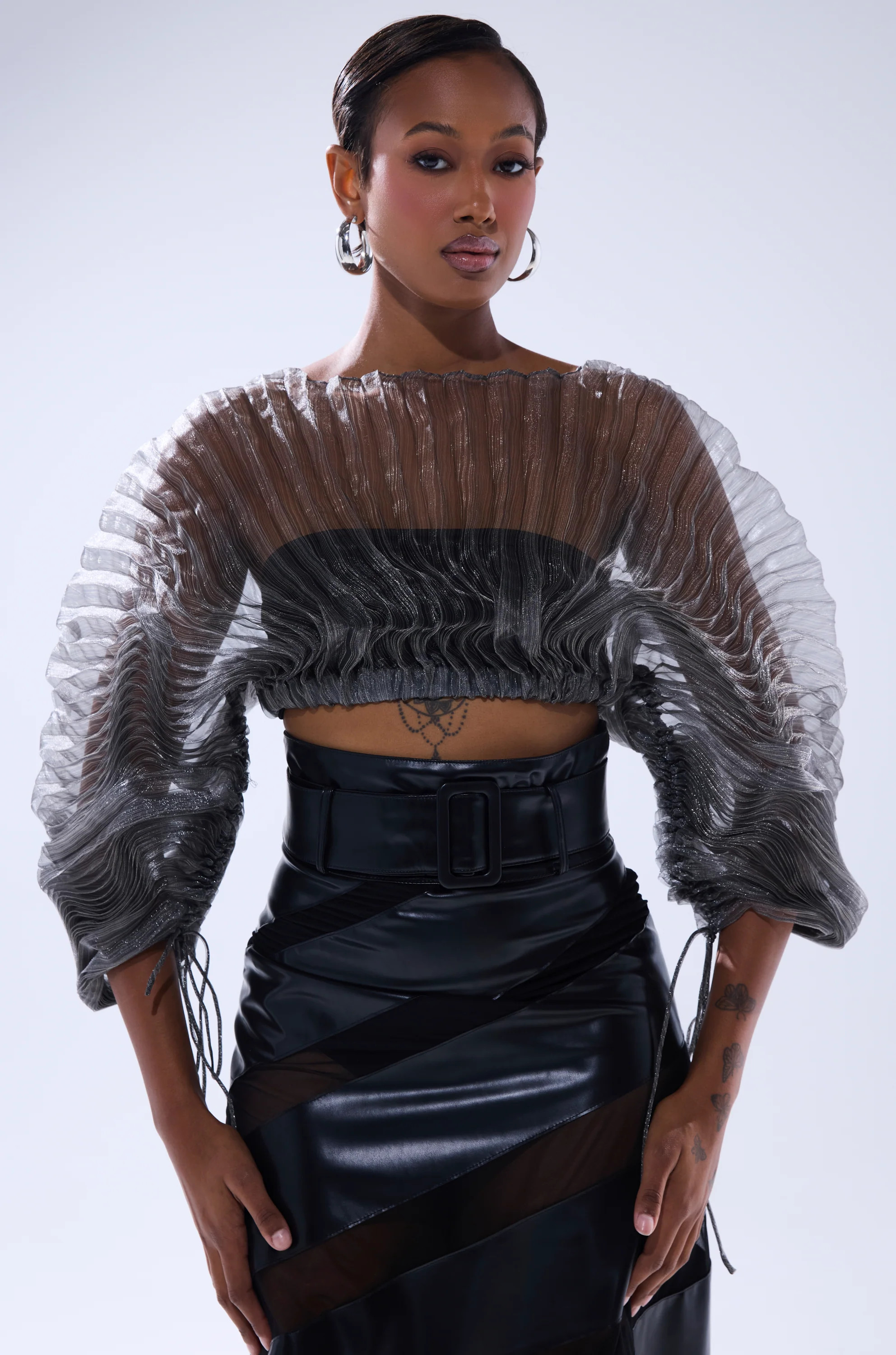 SHEER PLEATED CROP TOP IN GREY | AKIRA