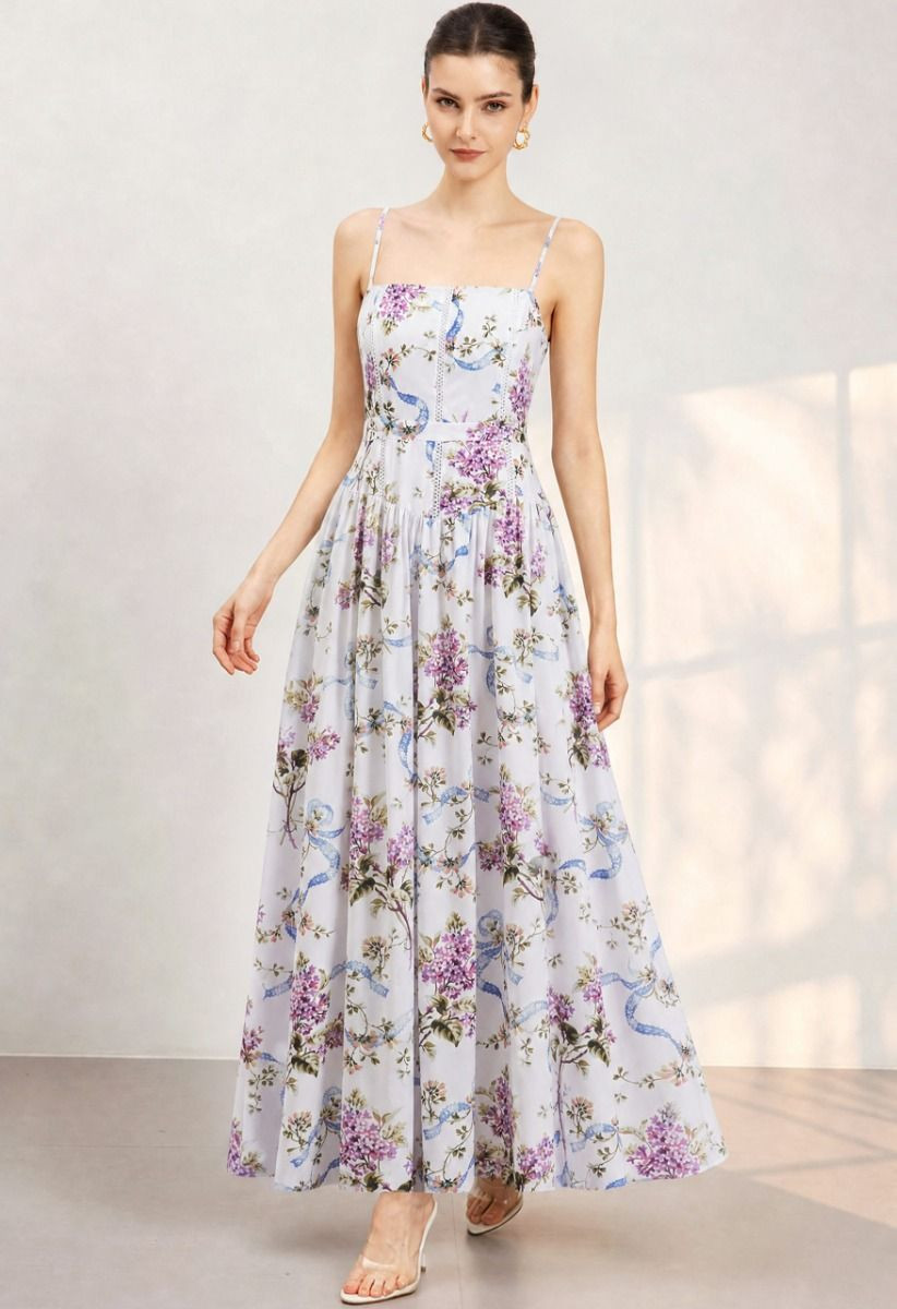 Lilac Ribbon Ladder-Lace Spaghetti Strap Dress for Bridal Shower & Garden Elopement | Chicwish