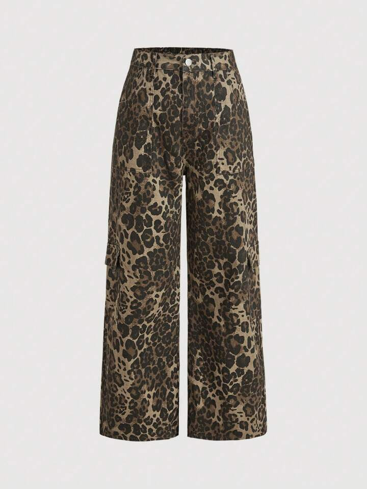 SHEIN EZwear Plus Size Leopard Print Loose Wide Leg Cotton Denim Pants | SHEIN