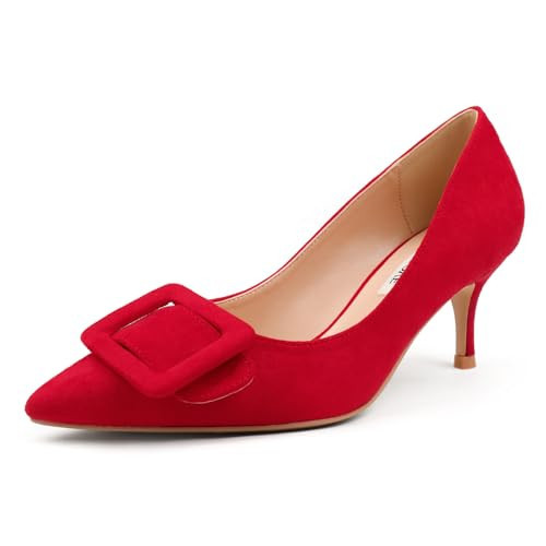 JOY IN LOVE Women's Kitten Heel Pumps Pointed Toe Square-Buckle Office Dress Pump Shoes Red Suede US7.5 | Amazon (US)