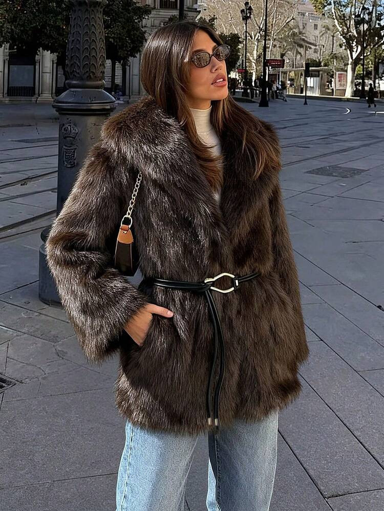 Women's Winter Faux Fur Coat, Brown Warm Fluffy Jacket, Fashion Lapel Long Sleeve Artificial Fur Coat, Women's Belt Casual Loose Outerwear | SHEIN