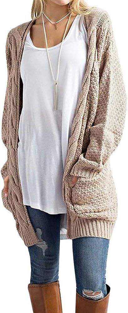 GRECERELLE Women's Loose Open Front Long Sleeve Solid Color Knit Cardigans Sweater Blouses with P... | Amazon (US)