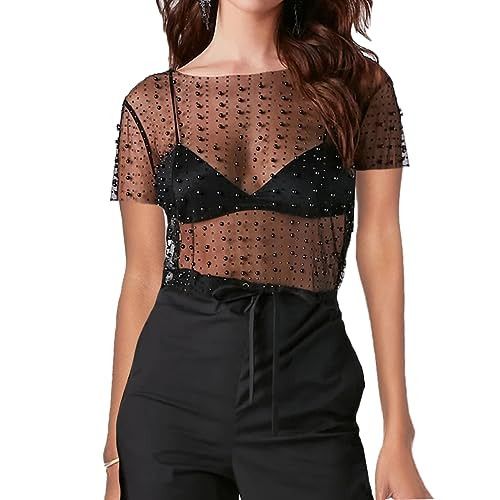 Naileksi Women Pearl Rhinestone Sheer Mesh Crop Tee Top Sexy See Through Short Sleeve Slim Fit Crop T-Shirt Club Summer(XS,BlackPearl) | Amazon (US)