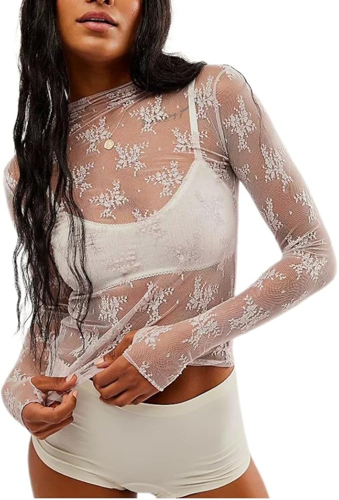 Women's Mesh Tops Sexy Long Sleeve Sheer Blouse Mock Neck Lace Floral See Through Layering Top | Amazon (US)