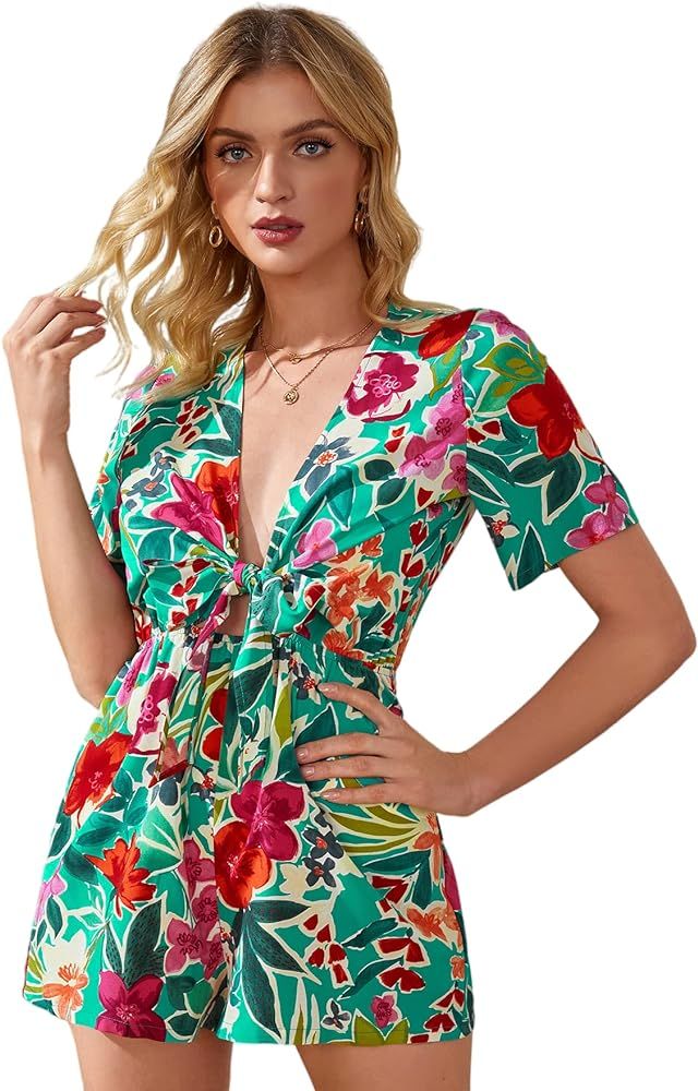 SheIn Women's Tropical Print Tie Front Romper Deep V Neck Short Sleeve Jumpsuit Playsuit | Amazon (US)