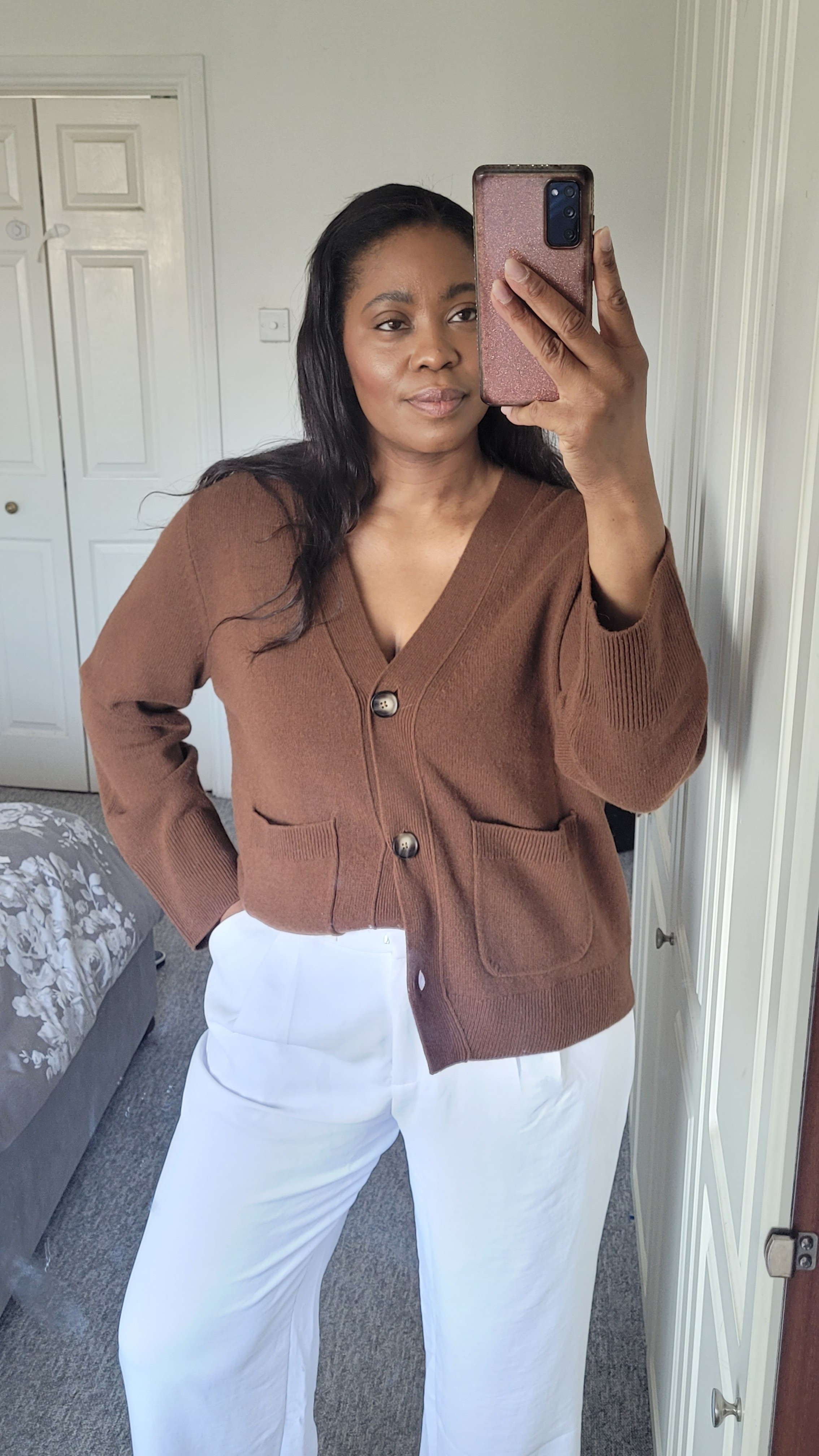 Spring workwear and casual outfit. Brown cardigan, white/cream trousers.Style for work with brown suede loafers or boots and a brown bag. Style for weekends with trainers and crossbody bag.Brown is the colour of the season, style with white, cream, yellow, purple or navy#stylehack #styletip #LTKfind #LTKmodest #ltksalealert 

#LTKFashionMonth #LTKspring #LTKworkwear