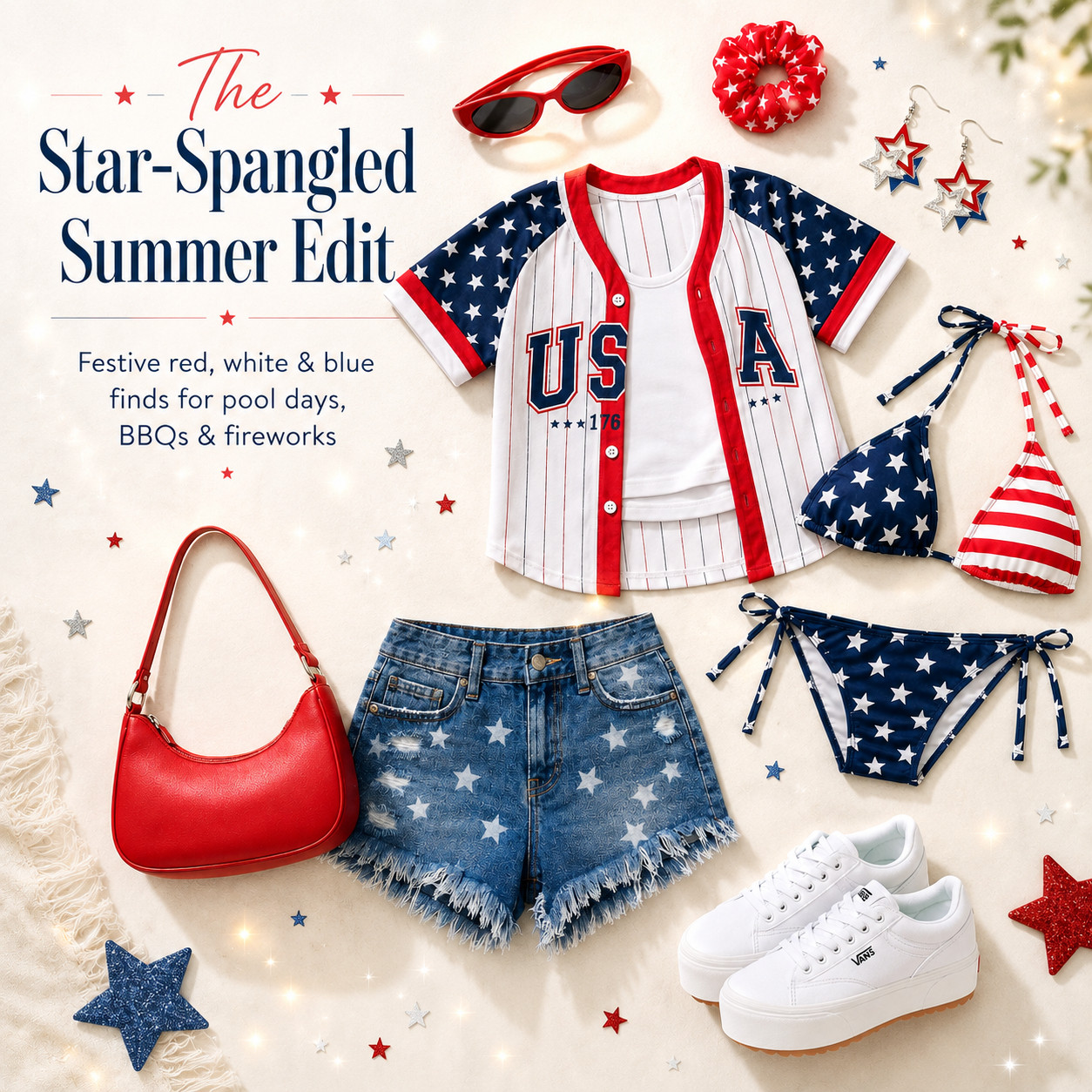 The Chic Star-Spangled Summer Edit 🇺🇸 

The Star-Spangled Summer Edit that makes patriotic outfits actually cute!!

I did the digging for you — everything in this edit is from Amazon, so it’s festive, affordable, easy to recreate, and perfect if you want a red, white, and blue outfit without spending a ton.

This is the kind of look that works for Memorial Day weekend, Fourth of July, fireworks, BBQs, beach days, pool parties, lake trips, boat days, parades, summer concerts, backyard parties, and holiday weekend plans without feeling cheesy or overdone.

The USA baseball jersey, star denim shorts, patriotic bikini, red bag, white sneakers, sunglasses, scrunchie, star earrings, and easy basics make the whole outfit feel fun but still wearable. 

You can style it as a full festive look or break the pieces apart with your normal summer wardrobe.

That’s what makes this edit worth clicking — the jersey works with denim all summer, the shorts make every basic tank feel festive, the bikini is perfect for pool and lake days, and the accessories give just enough red, white, and blue without doing too much.

🇺🇸 If you want a chic, affordable Amazon outfit for Memorial Day, Fourth of July, fireworks, BBQs, beach weekends, and every patriotic summer plan, this is the edit I’d shop first.

↓ Everything is linked!

#LTKActive #LTKSaleAlert #LTKTravel