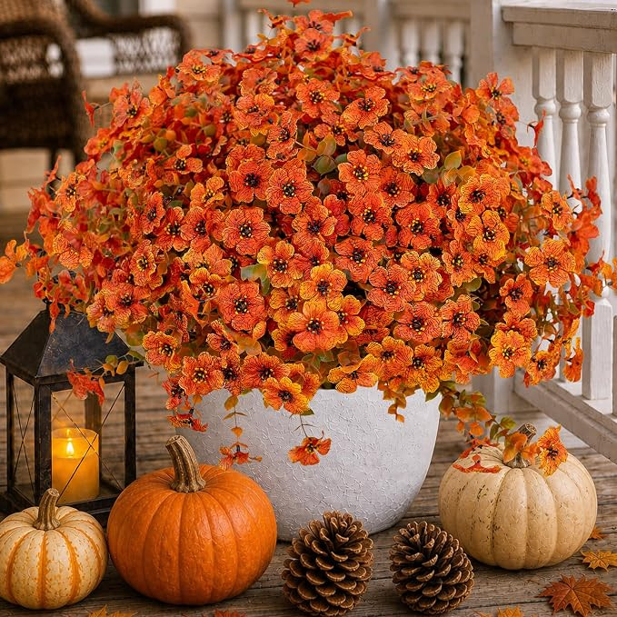 AXYLEX Artificial Fall Flowers Outdoor Fake Mums (Orangegreen, 16 Pack) | 16 bundles UV resistant... | Amazon (US)