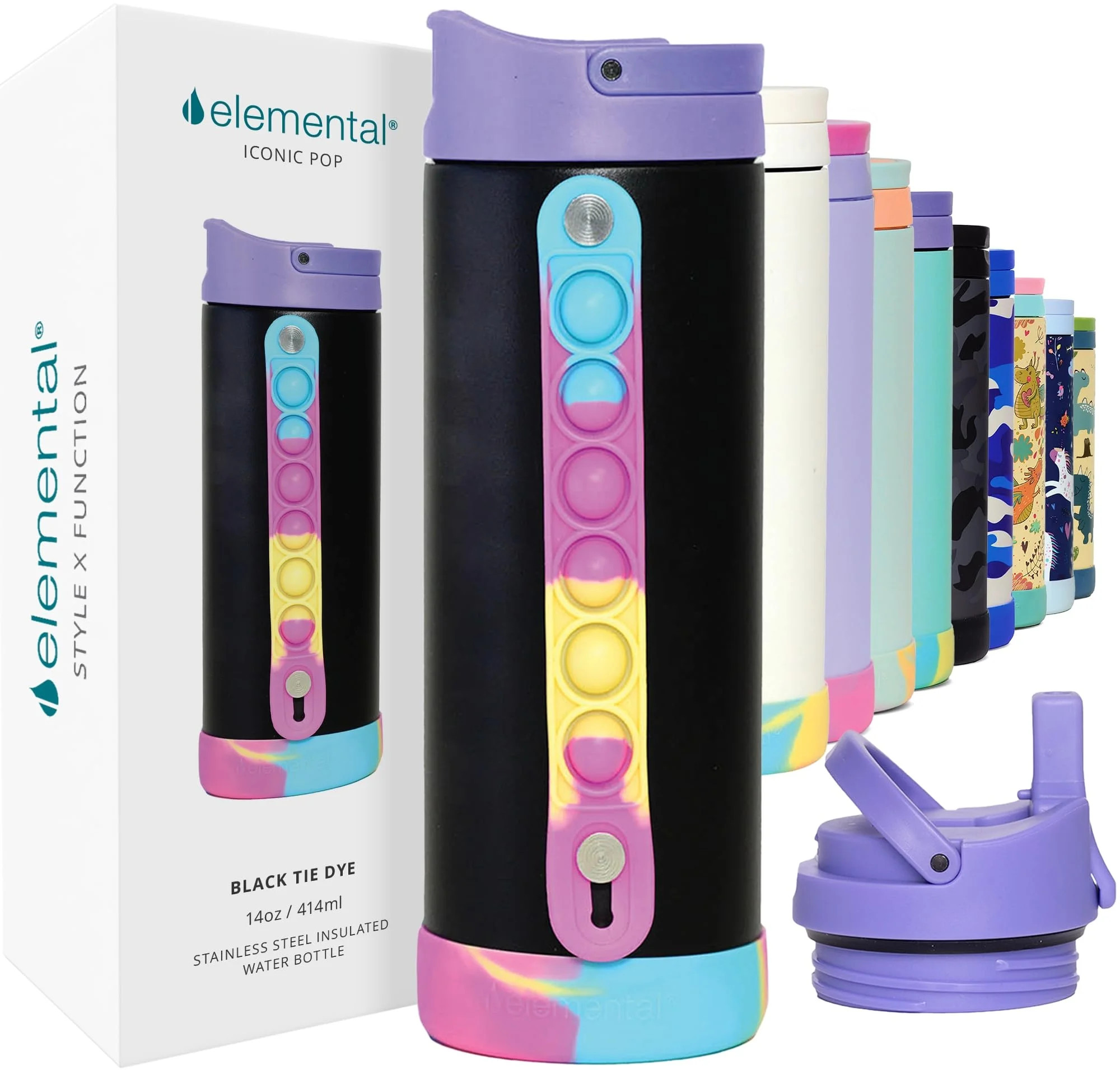 Elemental Iconic Kids Water Bottle with Straw Lid & Stress Reliever Pop It Handle - Leak-Proof Wh... | Walmart (US)