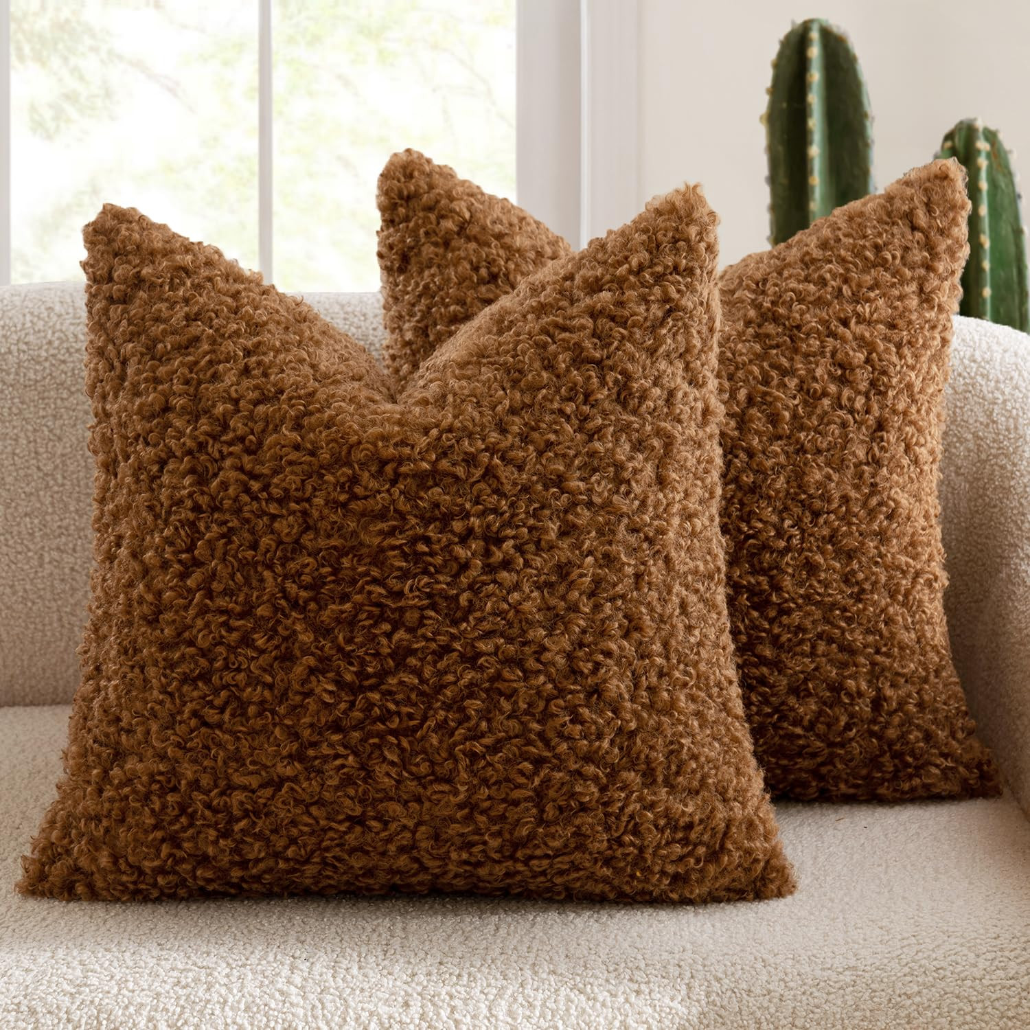 MIULEE Pack of 2 Faux Fur Throw Pillow Covers 18x18 Inch Bronze Boucle Decorative Sherpa Pillow C... | Amazon (US)