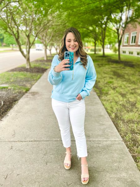 Light blue pullover and white crop flare jeans - love both of these! 