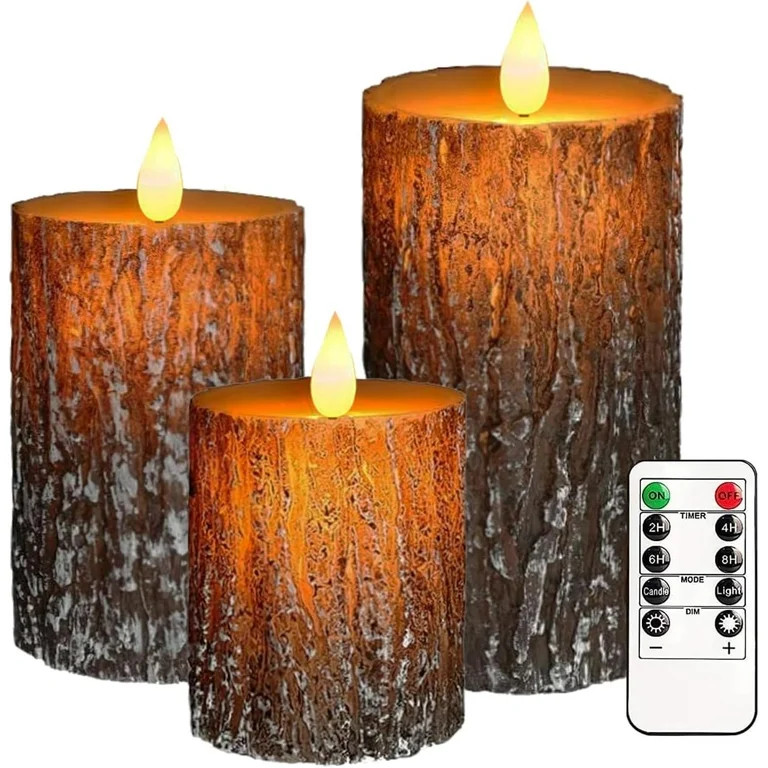 Flameless Candles Lights, Set of 3 Flickering LED Candles with Remote & Timer, Dimmable Pine Bark... | Walmart (US)