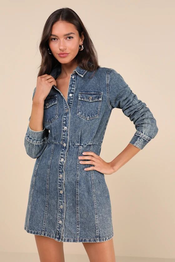 Trendy Approach Medium Wash Button-Front Long Sleeve Denim Dress | Lulus