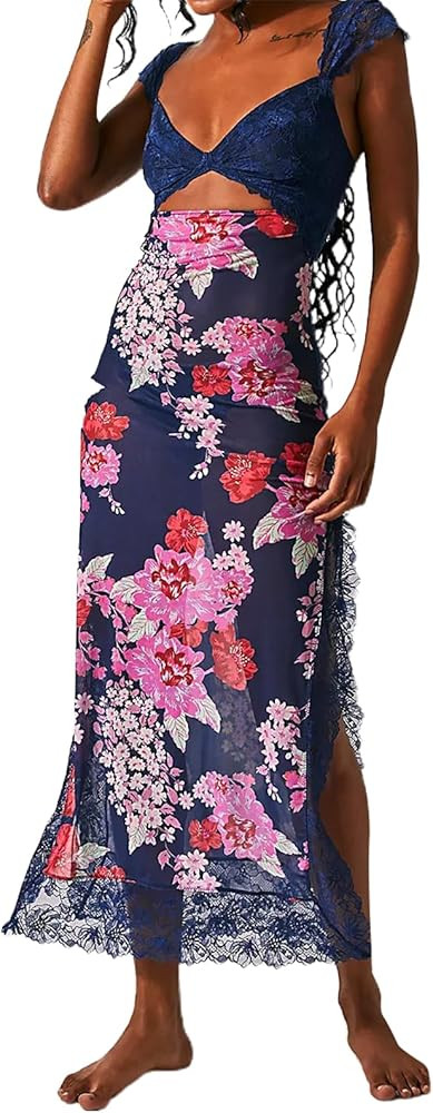 Women Sleeveless Maxi Dress Backless Bodycon Floral Printed Spaghetti Strap Long Dress Sheer Mesh... | Amazon (US)