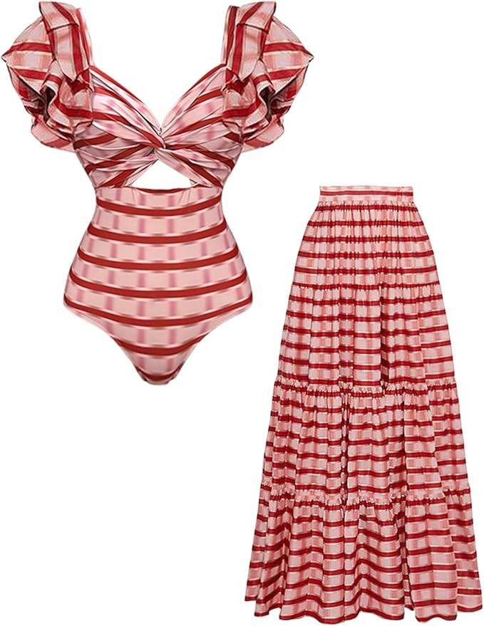 Women's Ruffled Shoulders and a Cutout Design at the Waist One-piece Swimsuit and Skirt | Amazon (US)