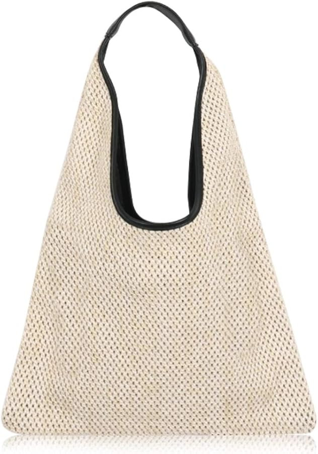 Hand-woven Straw Shoulder Bag Boho Black Leather Top Handle Tote Retro Summer Beach Bag Holiday T... | Amazon (US)